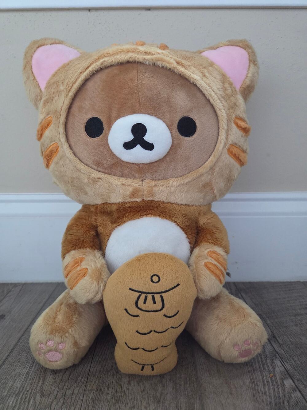 Rilakkuma Plush Toy San-X Cat Costume Holding Taiyaki Fish Soft Stuffed Animal